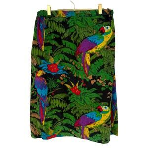 1970s VTG Thumbs Up Colorful Novelty Parrot Print Cotton Midi Skirt Button M
